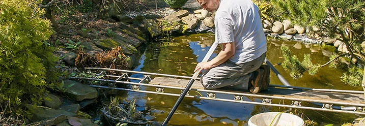 Person reinigt einen Teich mit einem Kescher.